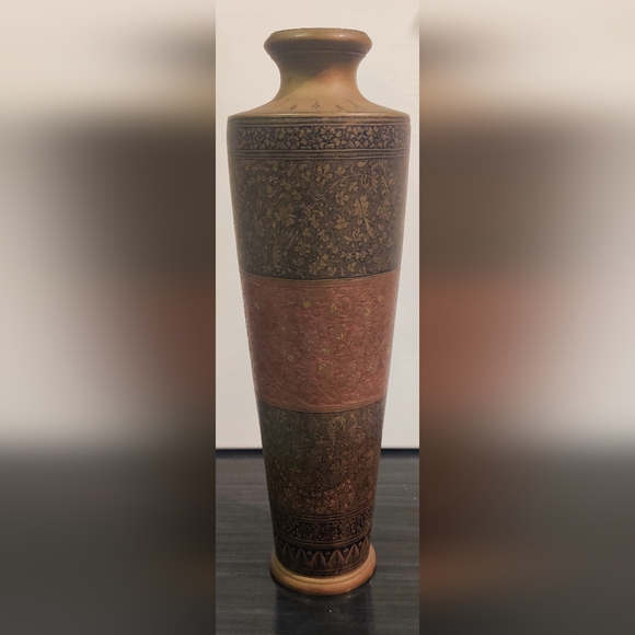 Antique Detail Hand Engraved/Painted India Brass/Copper Vase, 12" T X 2 3/4" - Picture 1 of 8